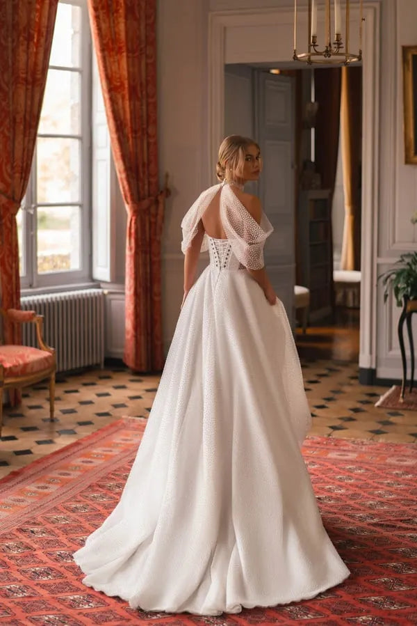 Glitter Tulle Princess Wedding Dresses A Line Bride Dress Side Split Pleats Wedding Gowns Satin