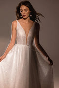 Radiant A-Line Wedding Dress with V-Neckline and Shimmering Fabric Satin