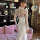 Elegant Mermaid Wedding Dresses for Women High Lace Long Sleeves Brides Dress for Women Button Train Long Evening Gowns