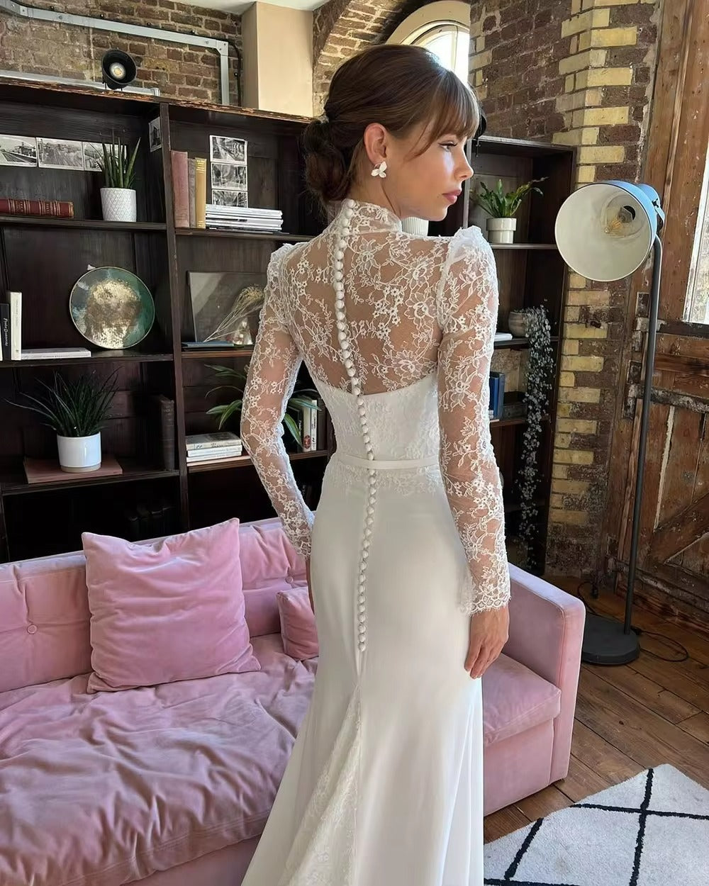 Elegant Mermaid Wedding Dresses for Women High Lace Long Sleeves Brides Dress for Women Button Train Long Evening Gowns