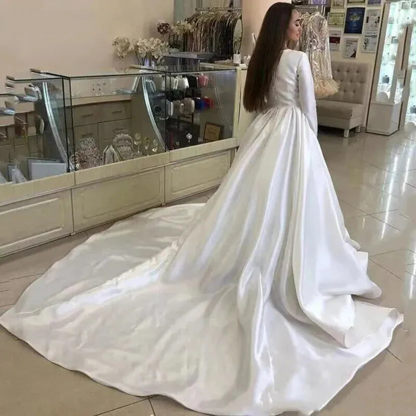 Muslim Wedding Dress | Princess Wedding Dresses Satin Long Sleeve Muslim Wedding Bride Dresses Long Train White Wedding Gown Vestido de novia Ivory 14w Satin
