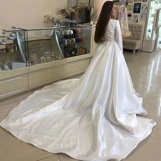 Princess Wedding Dresses Satin Long Sleeve Muslim Wedding Bride Dresses Long Train White Wedding Gown Vestido de novia