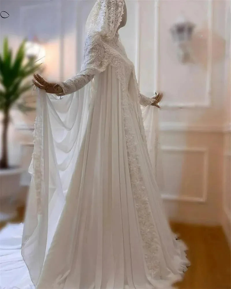 Muslim Wedding Dress | Muslim Long Sleeve Dubai Islamic Wedding Dresses for Bride Appliques High Neck Lace Hijab Bridal Gown Arabic Robe De Mariée White
