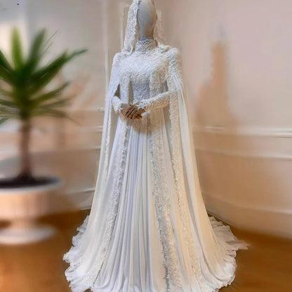 Robe De Mariée islamique musulmane à manches longues, dubaï, avec des Appliques, col haut, en dentelle, Hijab, Robe De Mariée arabe 