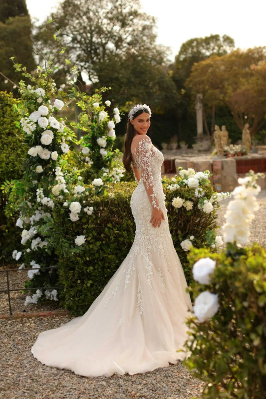 Robes de mariée sirène en dentelle Vintage, épaules dénudées, manches longues, avec traîne détachable 