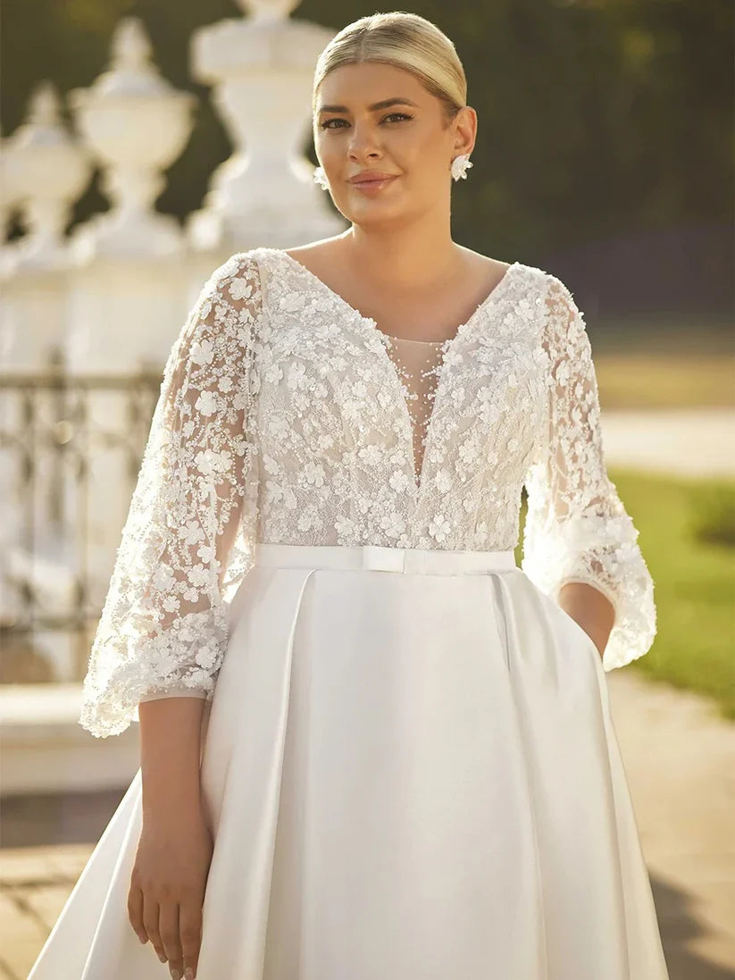 Plus Size Wedding Dresses Classic Satin Bridal Dresses Puff Sleeves V Neck Beading Sequined A Line Bride Gown with Pockets