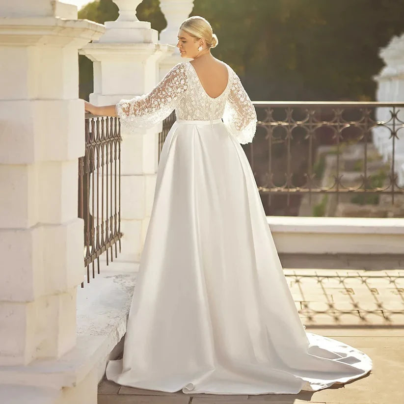 Plus Size Wedding Dresses Classic Satin Bridal Dresses Puff Sleeves V Neck Beading Sequined A Line Bride Gown with Pockets