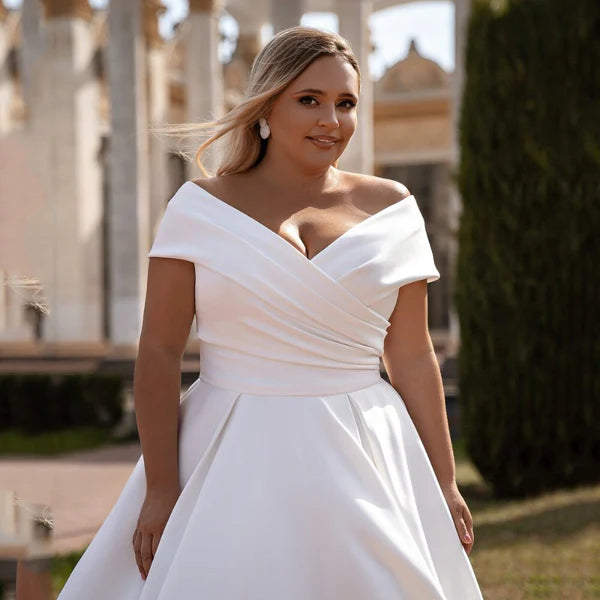 DISPOSITION NICEB grande taille col en V épaules dénudées robe De mariée en Satin robes De mariée fête De mariée Simple Vestido De Novia cravate personnalisée