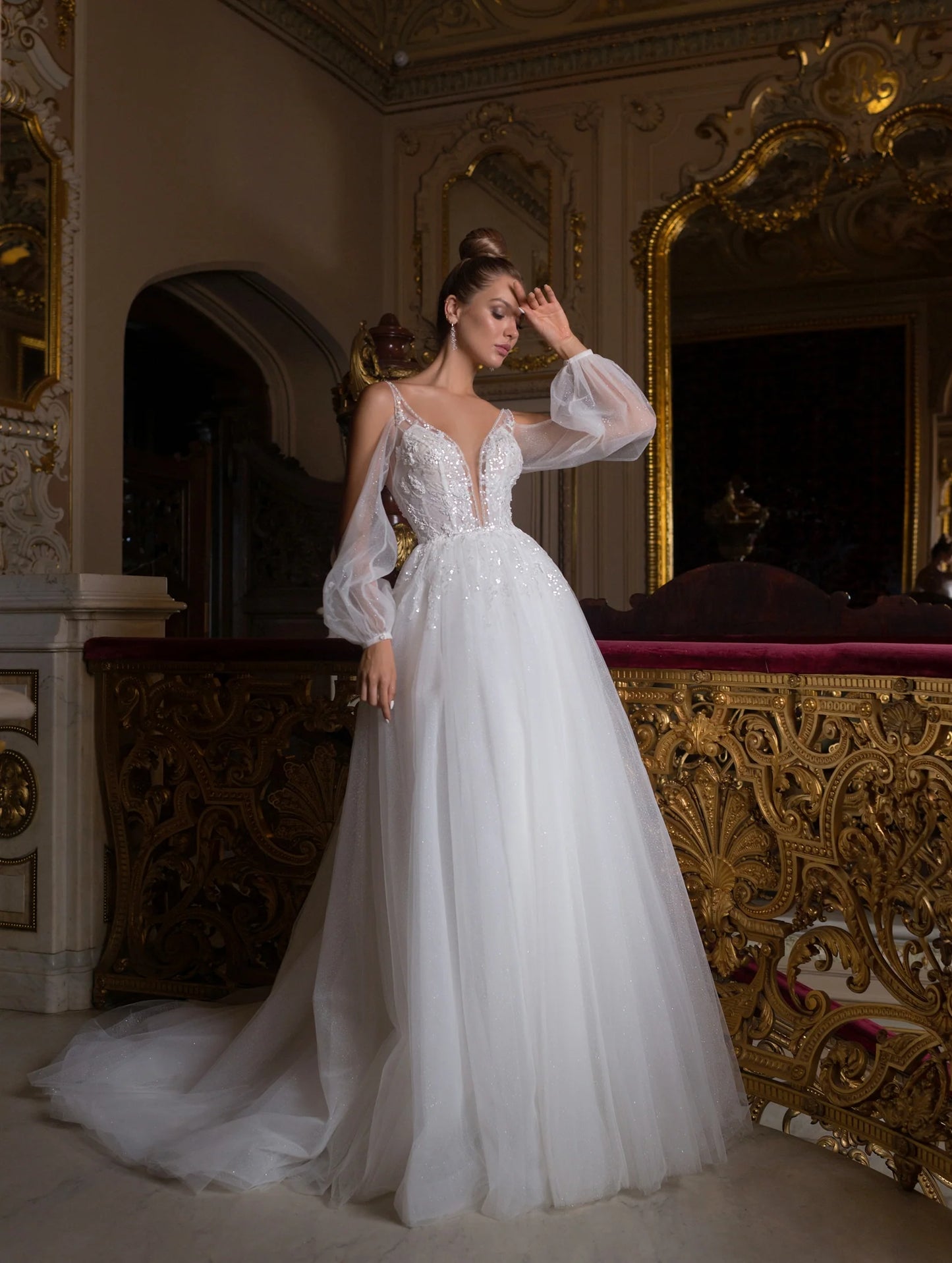 Generous A-Line Wedding Dresses Appliques Sequins Puff Sleeves Brides Party Gowns for Women Elegant Long Bridals Dress