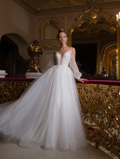 Generous A-Line Wedding Dresses Appliques Sequins Puff Sleeves Brides Party Gowns for Women Elegant Long Bridals Dress