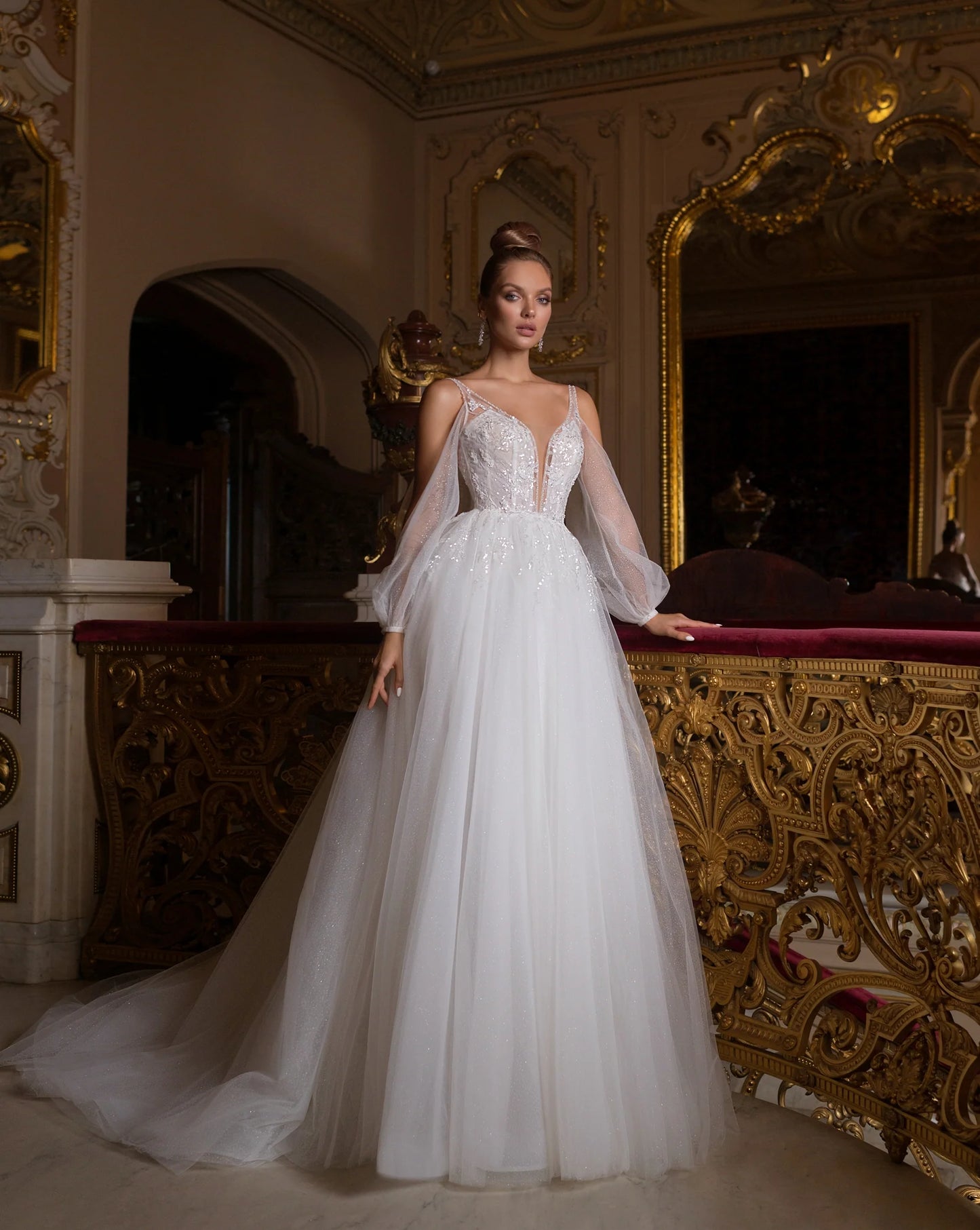 Generous A-Line Wedding Dresses Appliques Sequins Puff Sleeves Brides Party Gowns for Women Elegant Long Bridals Dress