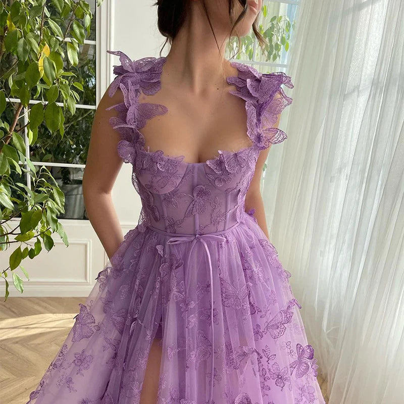 Indigo Prom Kleider A-Line Spaghetti-Träger trägerloser geteilter 3D-Schmetterling Open Back Zug Abendkleider für Frauen