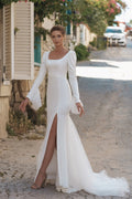Customized Wedding Gown Boat Neck Elegance Sheath Fit Long Sleeves Completed a Sensuous Slit for Bridal Dress Satin