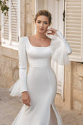 Customized Wedding Gown Boat Neck Elegance Sheath Fit Long Sleeves Completed a Sensuous Slit for Bridal Dress Satin