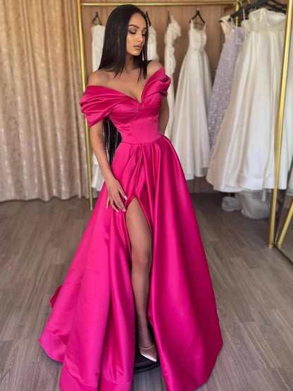 Elegant Red Satin Party Dress Long Prom Evening Dress Pleated High Side Slit Evening Dress Sexy Card Shoulder Sweetheart