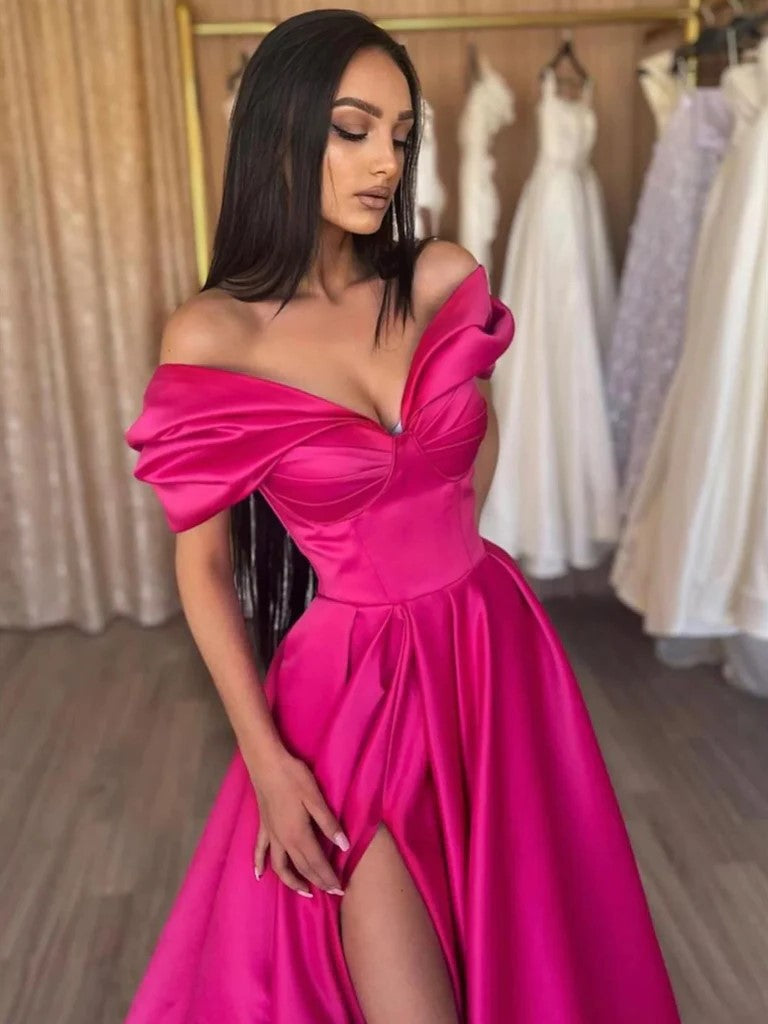 Elegant Red Satin Party Dress Long Prom Evening Dress Pleated High Side Slit Evening Dress Sexy Card Shoulder Sweetheart