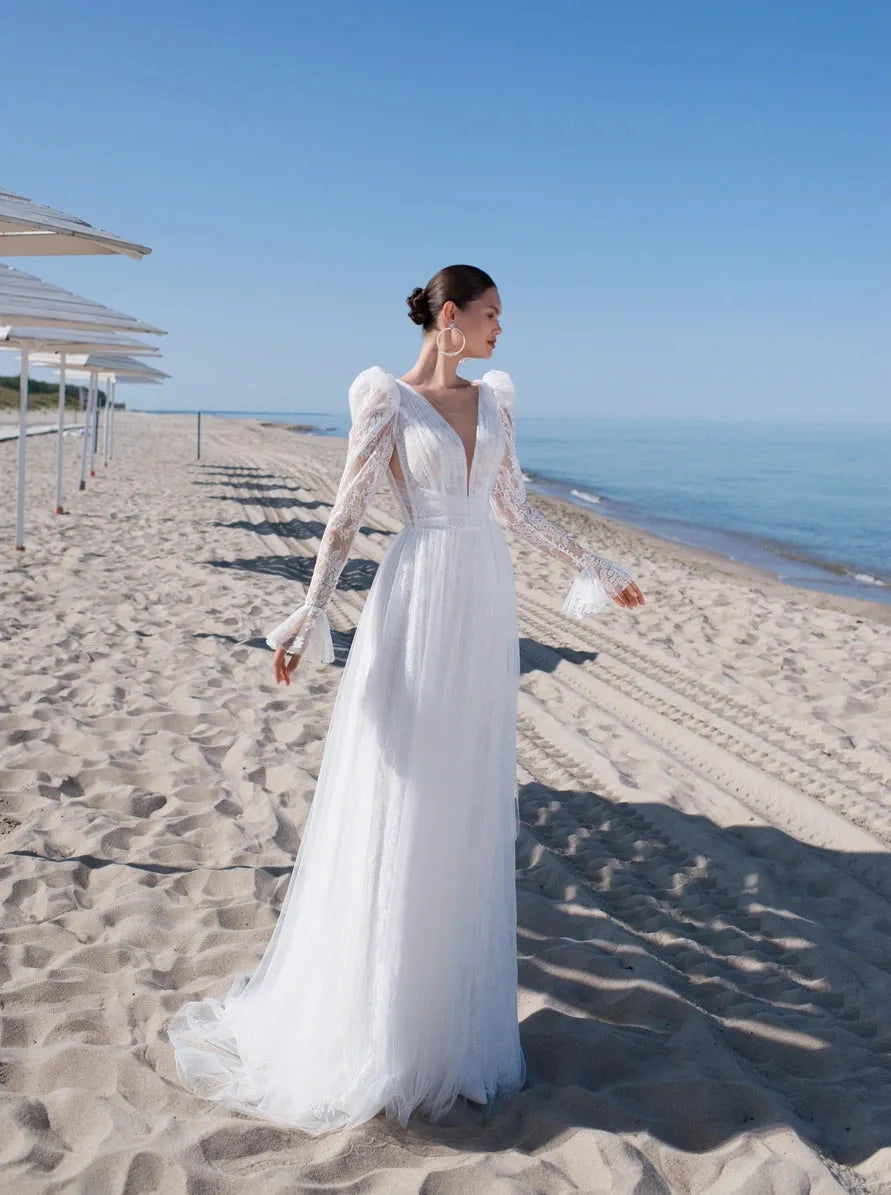 A-line Weddin Dresses V Neck Long Sleeves Bridals Dress Lace Tulle Side Slit Elegant Brides Gowns vestidos de novia White