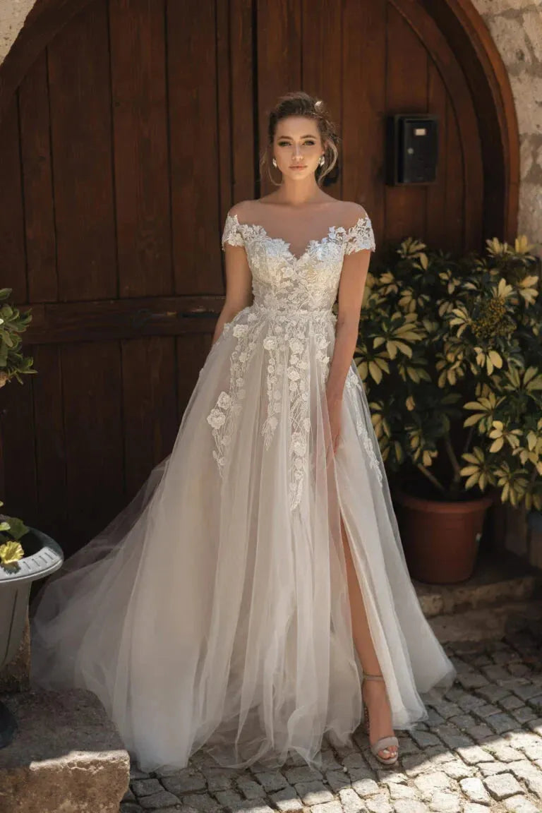 Beach Wedding Dresses For Women Tulle Lace Applique Bridal Gown High Slit Sexy vestidos de novia Satin