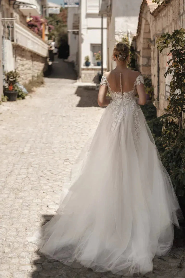 Beach Wedding Dresses For Women Tulle Lace Applique Bridal Gown High Slit Sexy vestidos de novia Satin