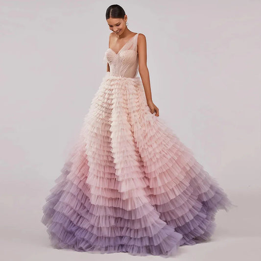 Gradient Pink Ball Gown Prom Dress Sweetheart One Shoulder فساتين السهرة Pleaded tidos de noche