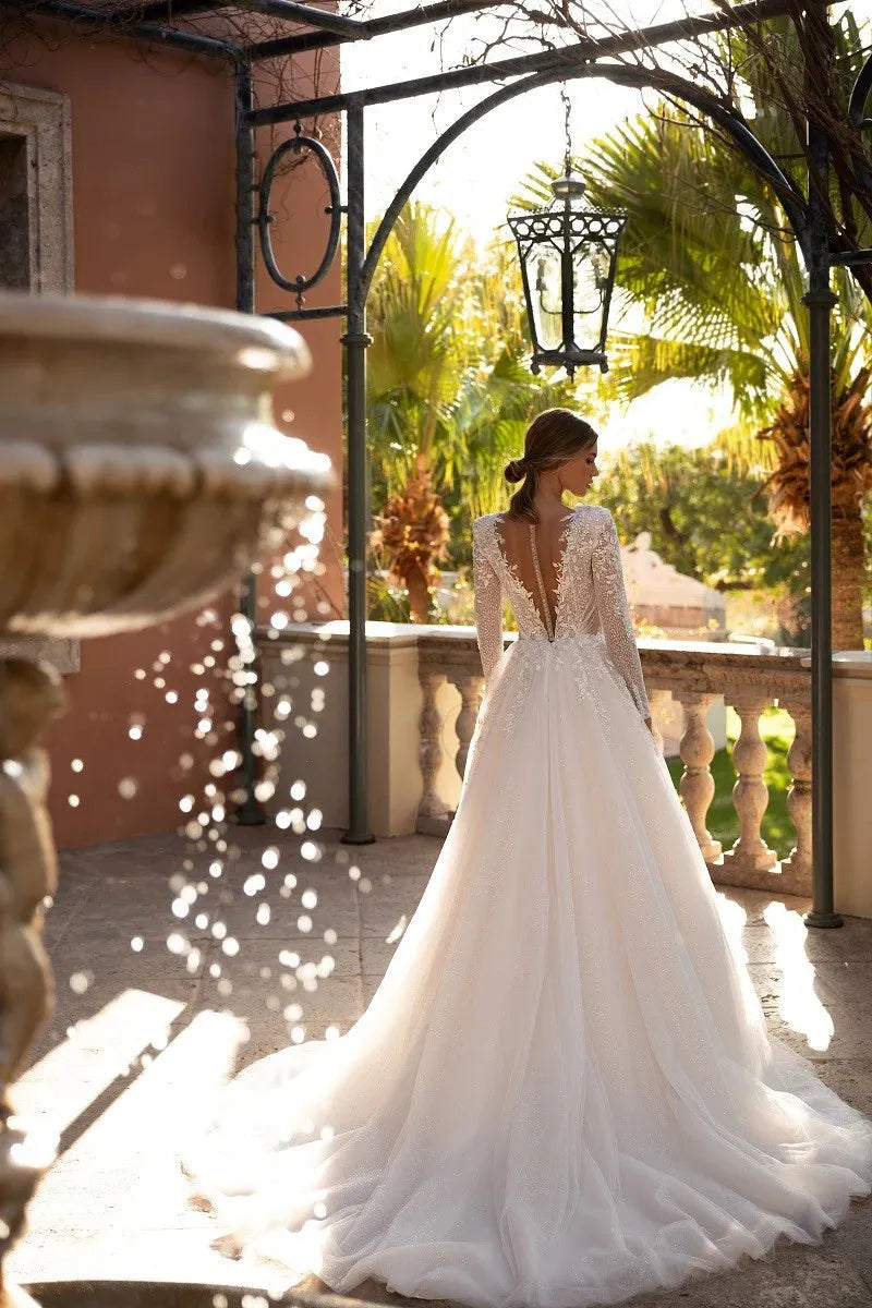 Shiny Lace Boho Wedding Dress A Line Long Sleeve Tulle Bridal Dresses Vintage Lace Wedding Gowns Ivory 24w