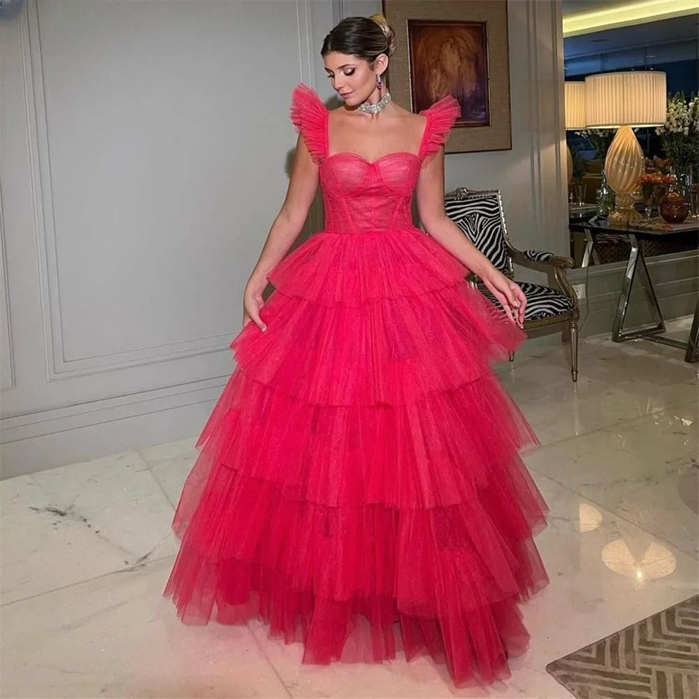 Vestido de fiesta de princesa rosa, vestido de noche dulce multicapa, escote en forma de corazón, largo hasta el suelo, vestidos de fiesta de manga corta