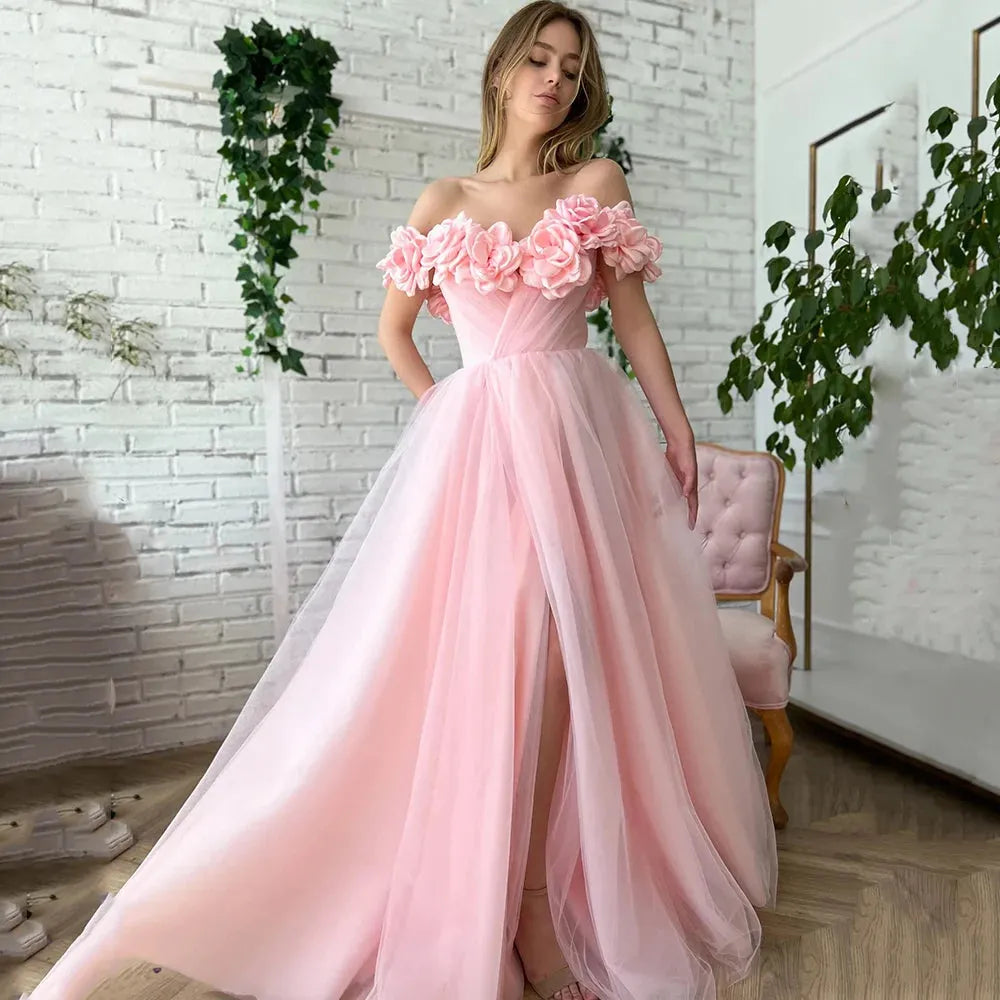 Baby Pink Tulle Sweep Trail Prom Dress Handmade Evening Dress A-line فستان سهرة Off The Shoulder فساتين مناسبة رسمية Pink