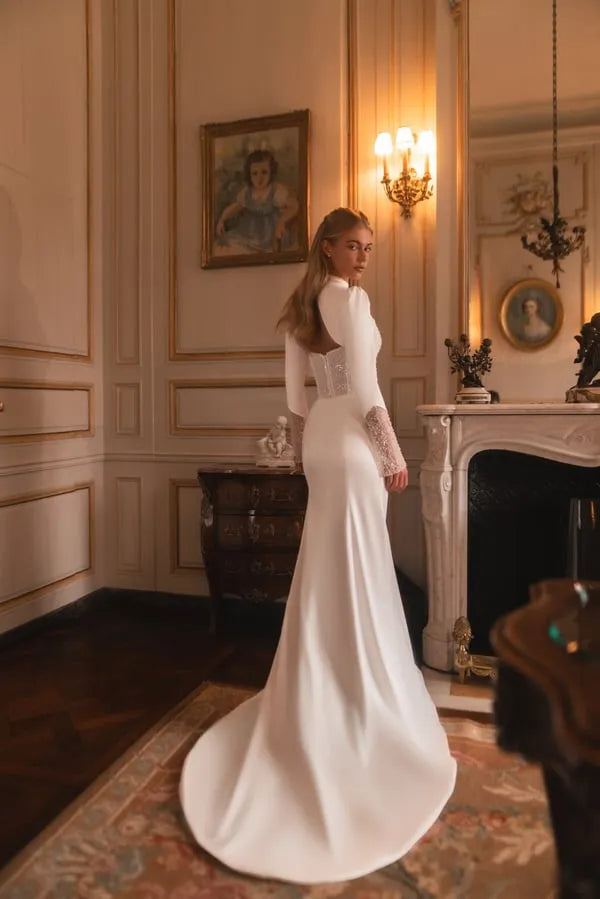 Vintage Mermaid Satin Wedding Dresses Long Sleeves O-Neck Pleat Squined Gowns High Slit Customized Satin