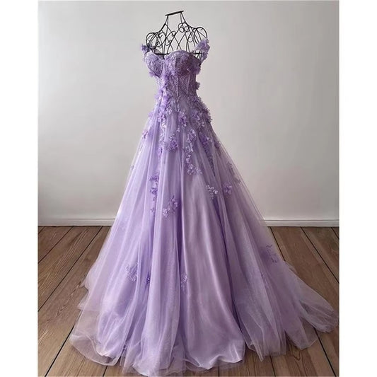 Princess Sweetheart Prom Dressess A-line Tulle Flower Appliques Vestidos De Noche Elegant Sleeveless Cocktail Party