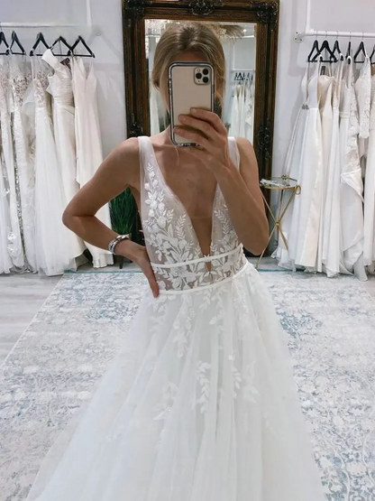 Dream tulle sleeveless line line boho wedding dress backless v leher renda appliques pengantin gaun pengantin vestidos de novia