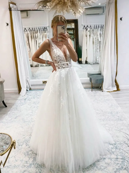 DREAM Tulle Sleeveless A Line Boho Wedding Dress Backless V Neck Lace Appliques Bridal Gown Vestidos De Novia