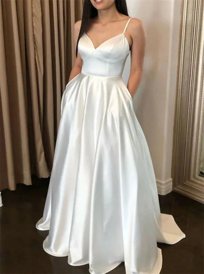 Simple Robe De Mariee Spaghetti Straps Satin Wedding Dresses with Pockets Wedding Gowns Trajes De Novia 14w
