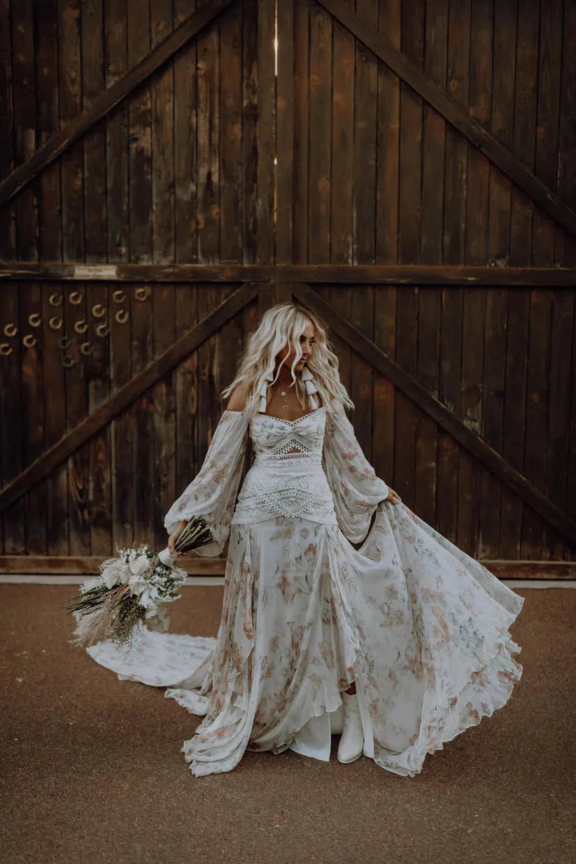 Bohemian Floral Print Appliques Lace A-Line Wedding Dresses Off The Shoulder Long Sleeve Bridal Gowns Vestidos De Novia As picture