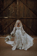 Bohemian Floral Print Appliques Lace A-Line Wedding Dresses Off The Shoulder Long Sleeve Bridal Gowns Vestidos De Novia As picture