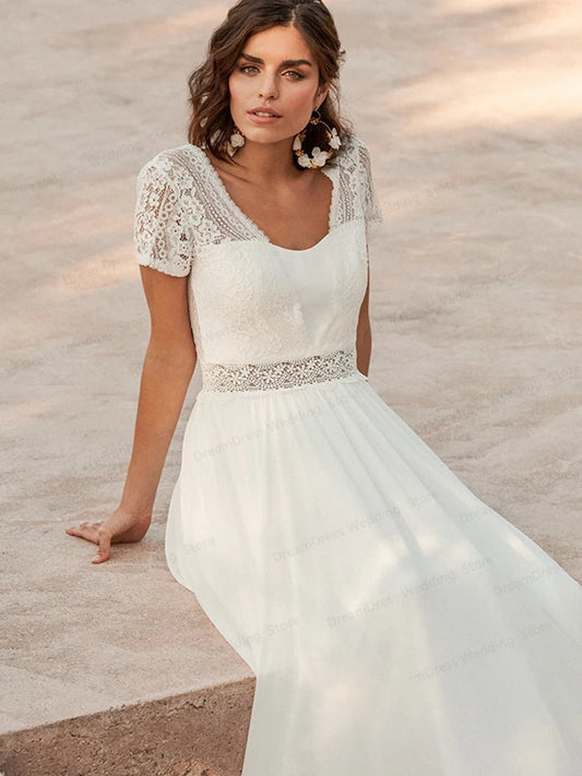 Robe De mariée Boho en mousseline De soie, col en v, manches courtes, longueur au sol, dos nu, sur mesure