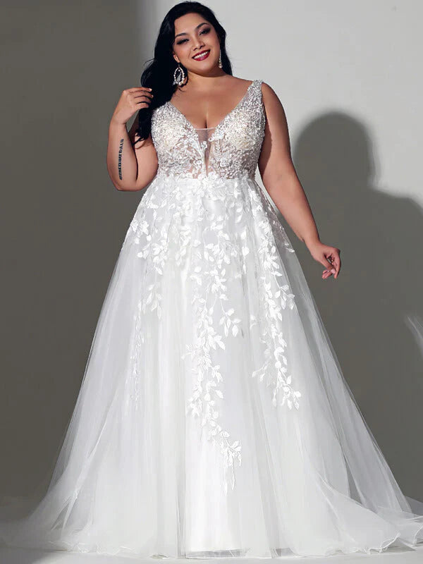 Robes de mariée en dentelle style Boho, grande taille, sans manches, ligne A, col en V, courbe blanche, robe de mariée 