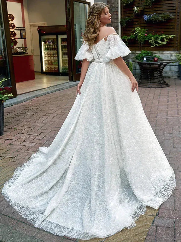 k Plus Size Wedding Dresses For Bride Off The Shoulder Short Sleeves Bride Gowns Lace Up Sweep Train A-Line Robe De Mariée White 26w Plus Size