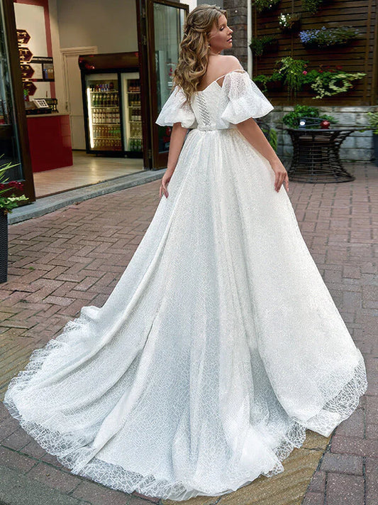 k Plus Size Wedding Dresses For Bride Off The Shoulder Short Sleeves Bride Gowns Lace Up Sweep Train A-Line Robe De Mariée