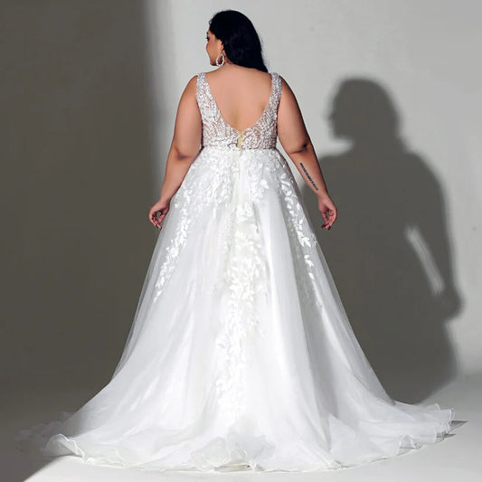 Abiti da sposa in pizzo boho per donna più grande sposa senza maniche una linea avorio v curva bianca abito da sposa