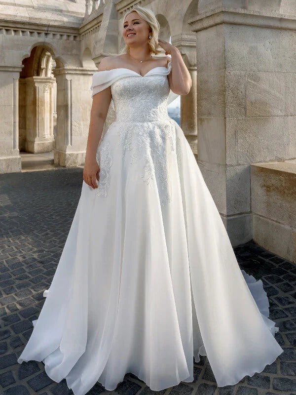 פלוס גודל נשים שמלות כלה משמלת כלה תחרה כתף א-קו טול שמלת כלות vestidos de novia abito da sposa