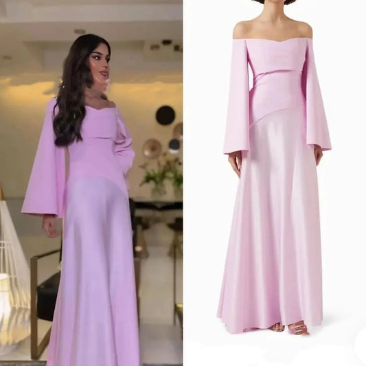 Muslim Taffeta Prom Dresses Modest A-line vestidos de noche Elegant Long Sleeves Off the Shoulder Formal Evening