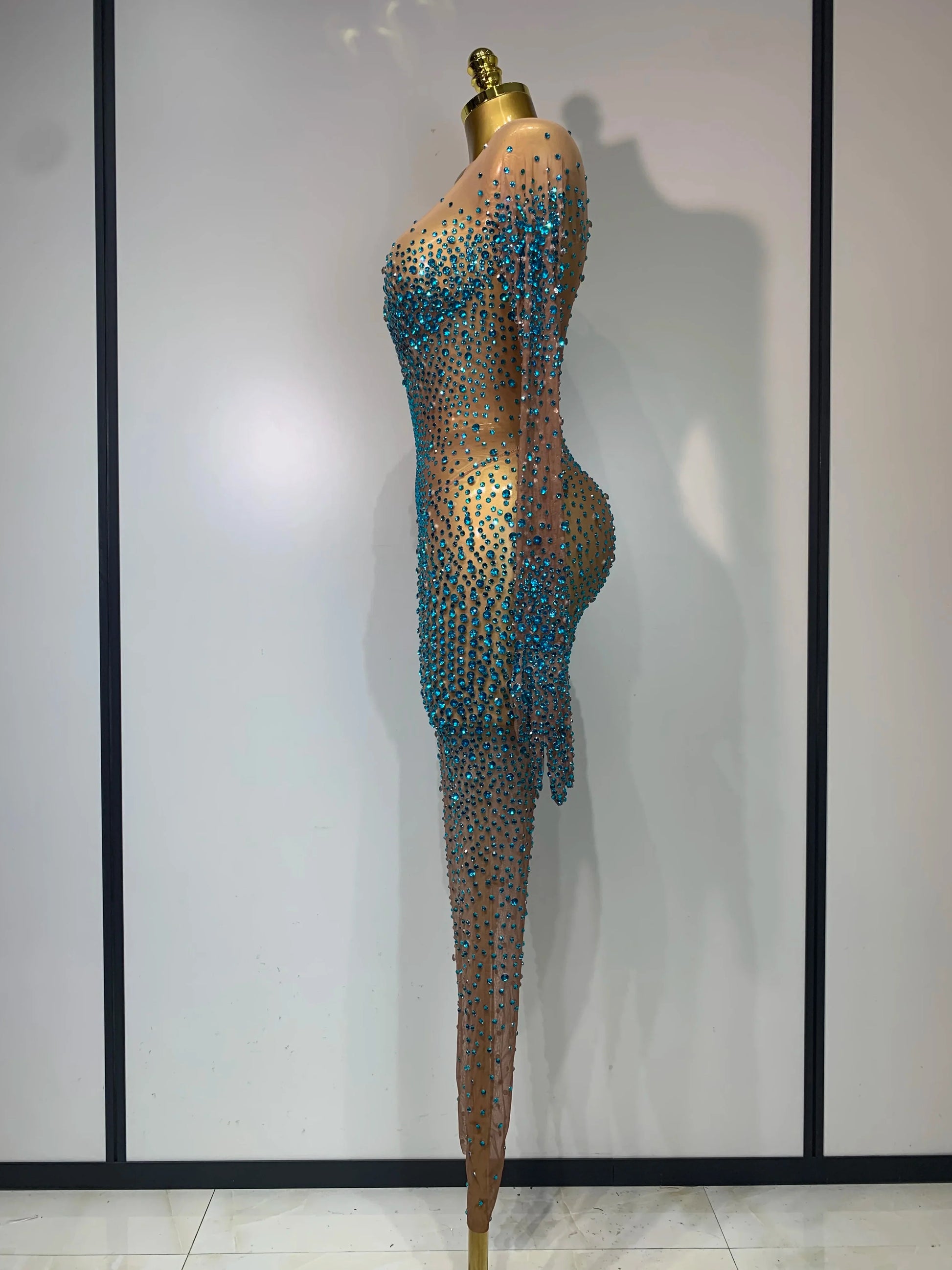 Luxury Rhinestones Bodycon Jumpsuit Sexy Women Mesh See Through Birthday Gown Women Bar Nightclub Dancer Stage Outfit