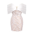 Beige Spilced Folds Short Dress Off The Shoulder Pearl Sequins Beading Chains Mini Cocktail Evening Party Vestido Beige