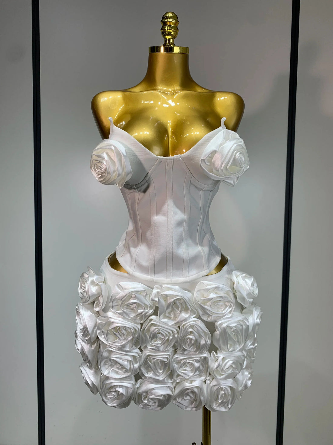 Women Sexy Backless Sleeveless 3D Flower Strapless Two Piece Set Celebirty Elegant Evening Club Party Luxury Birthday Gown WHITE