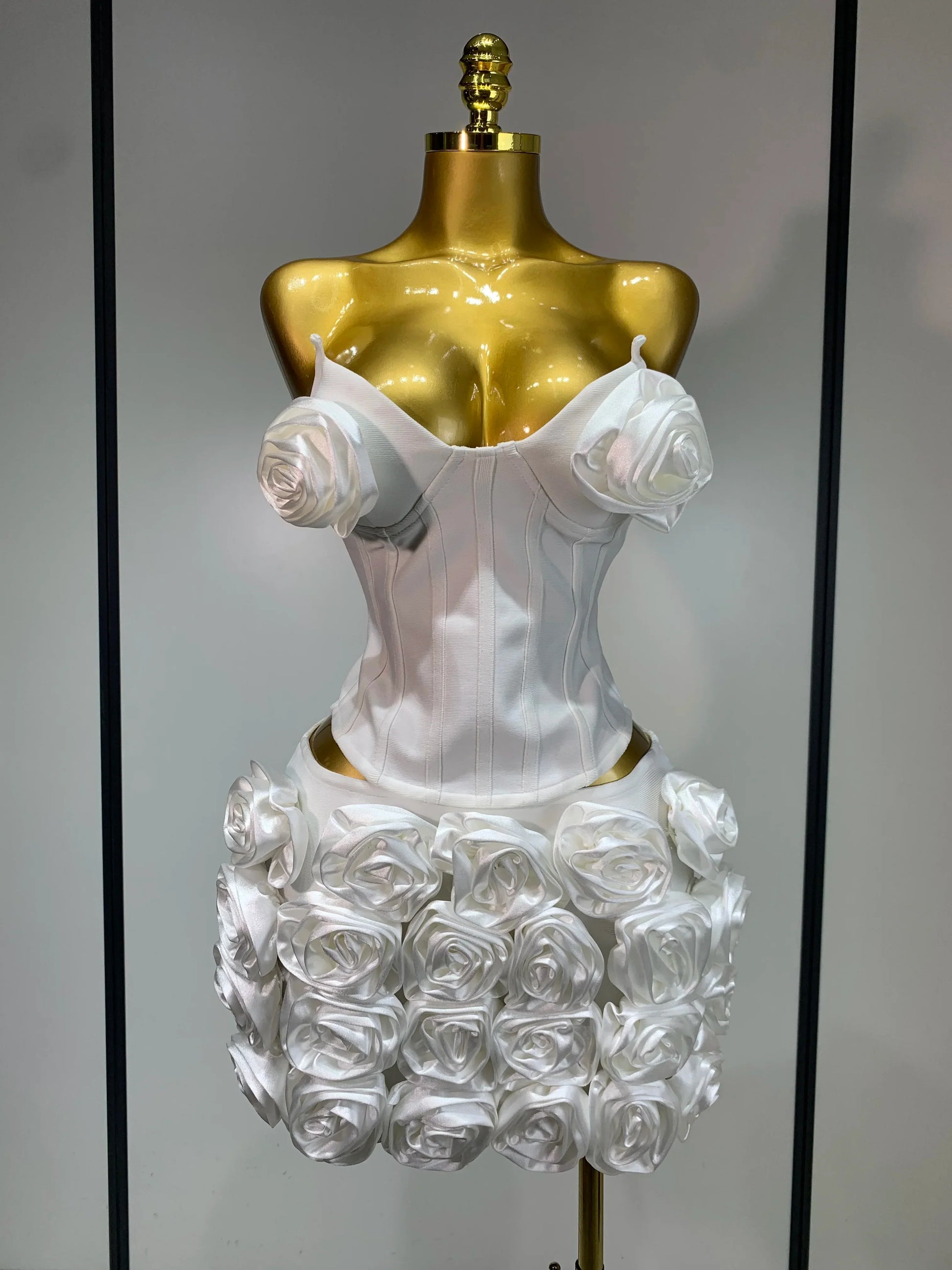 Women Sexy Backless Sleeveless 3D Flower Strapless Two Piece Set Celebirty Elegant Evening Club Party Luxury Birthday Gown WHITE