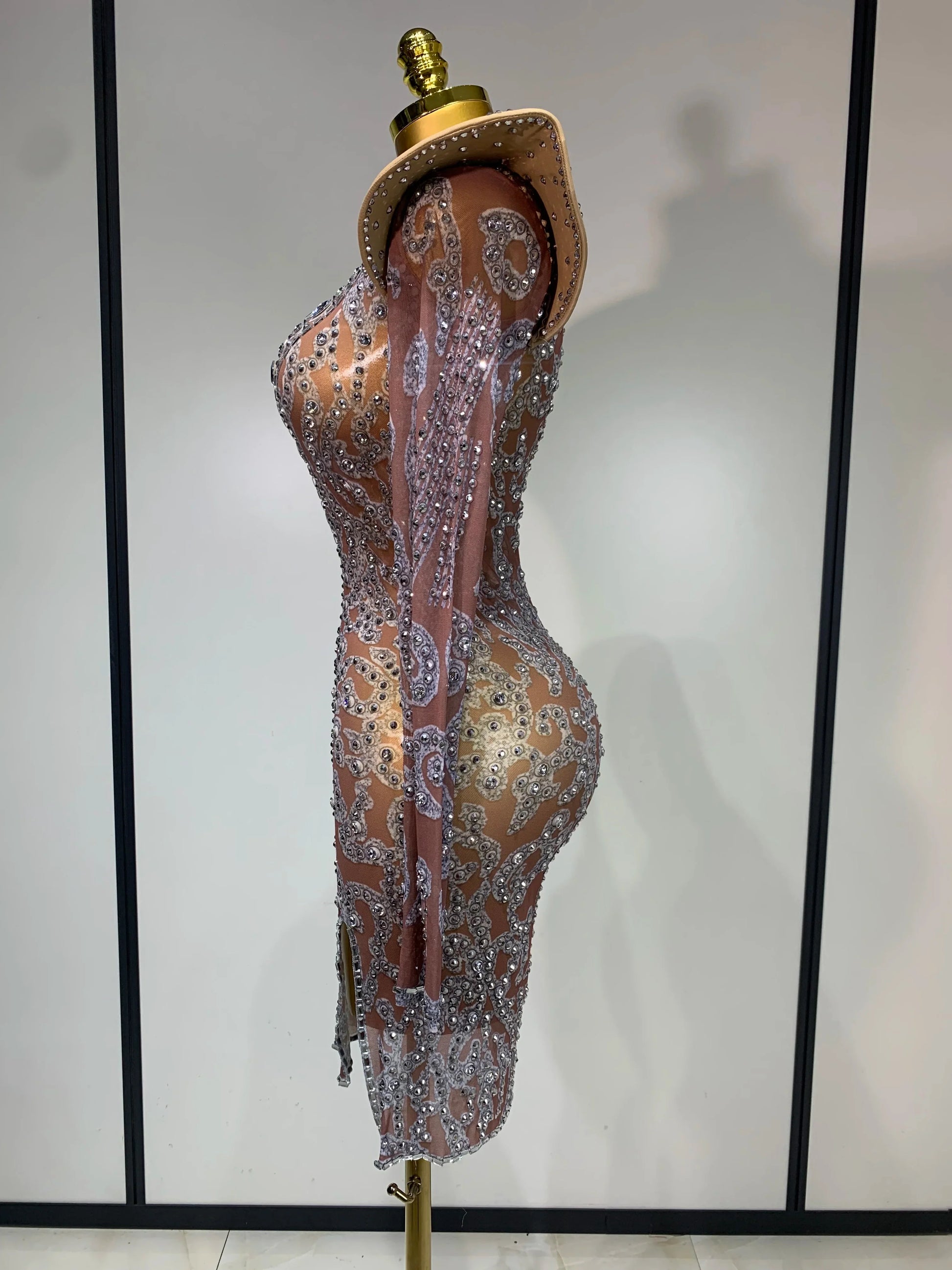 Women Shiny Rhinestones Mesh Transparent Mini Dress Luxury Birthday Celebrate Photoshoot Dress Singer Stage Drag Queen Costume