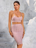 Chic Pink Studded Crop Top and Skirt Set for a Trendy Rooftop Party Evening Gown Dress