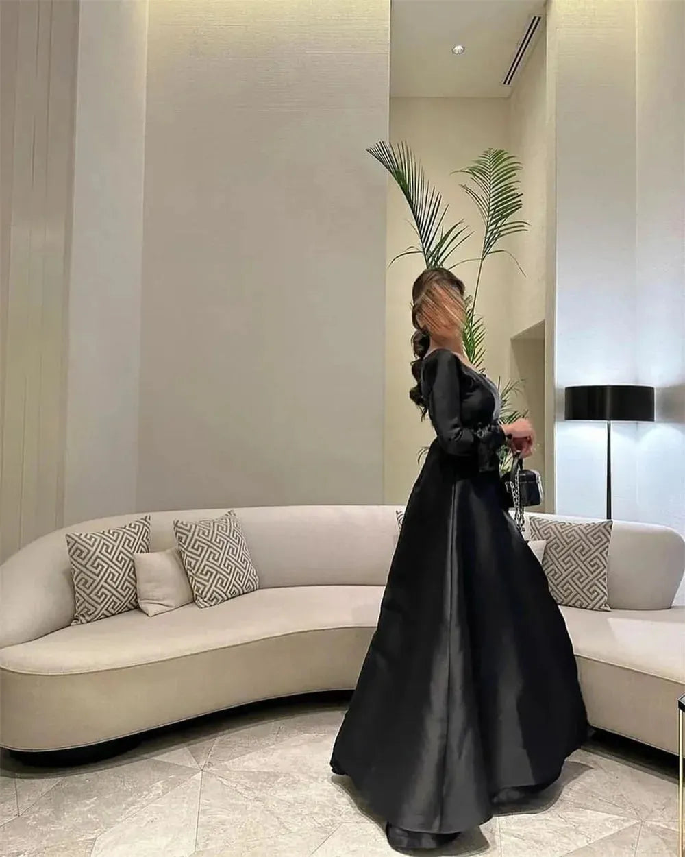 Black Long Sleeves فساتين سهره فاخره Satin Slim A-line Prom Dresses Nobility Elegantly Handmade Vestidos De Noche