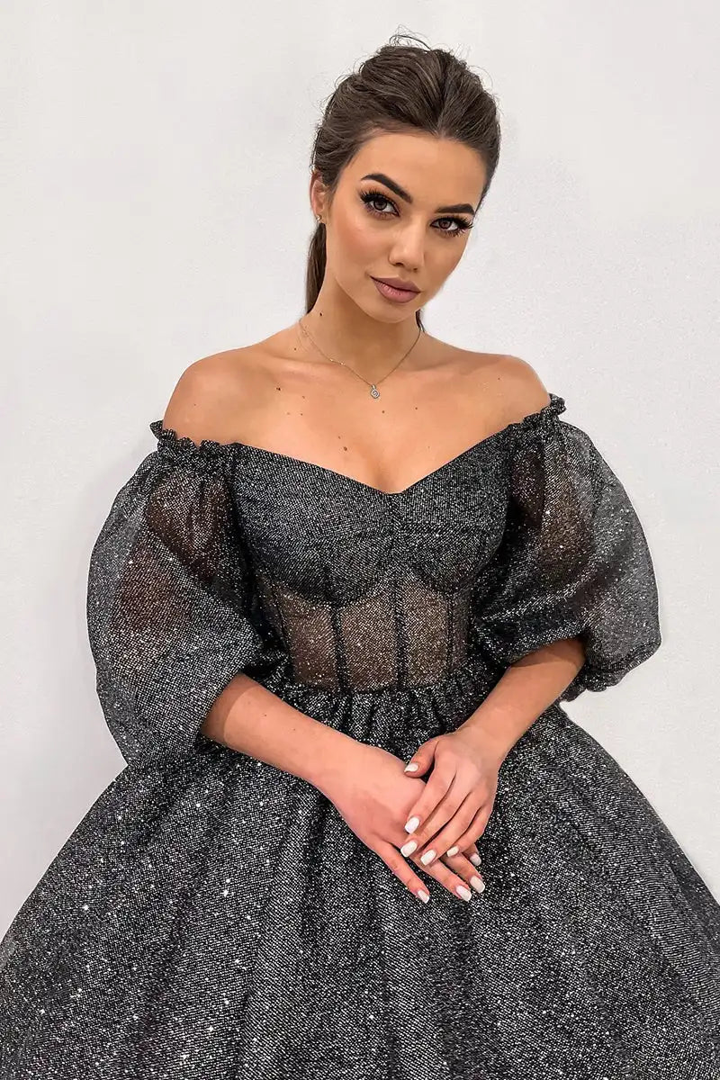 Sparkly Evening Dresses Bling Off Shoulder Puffy Half Sleeves V Neckline Black Illusion Tea Length Formal Party Prom Gowns