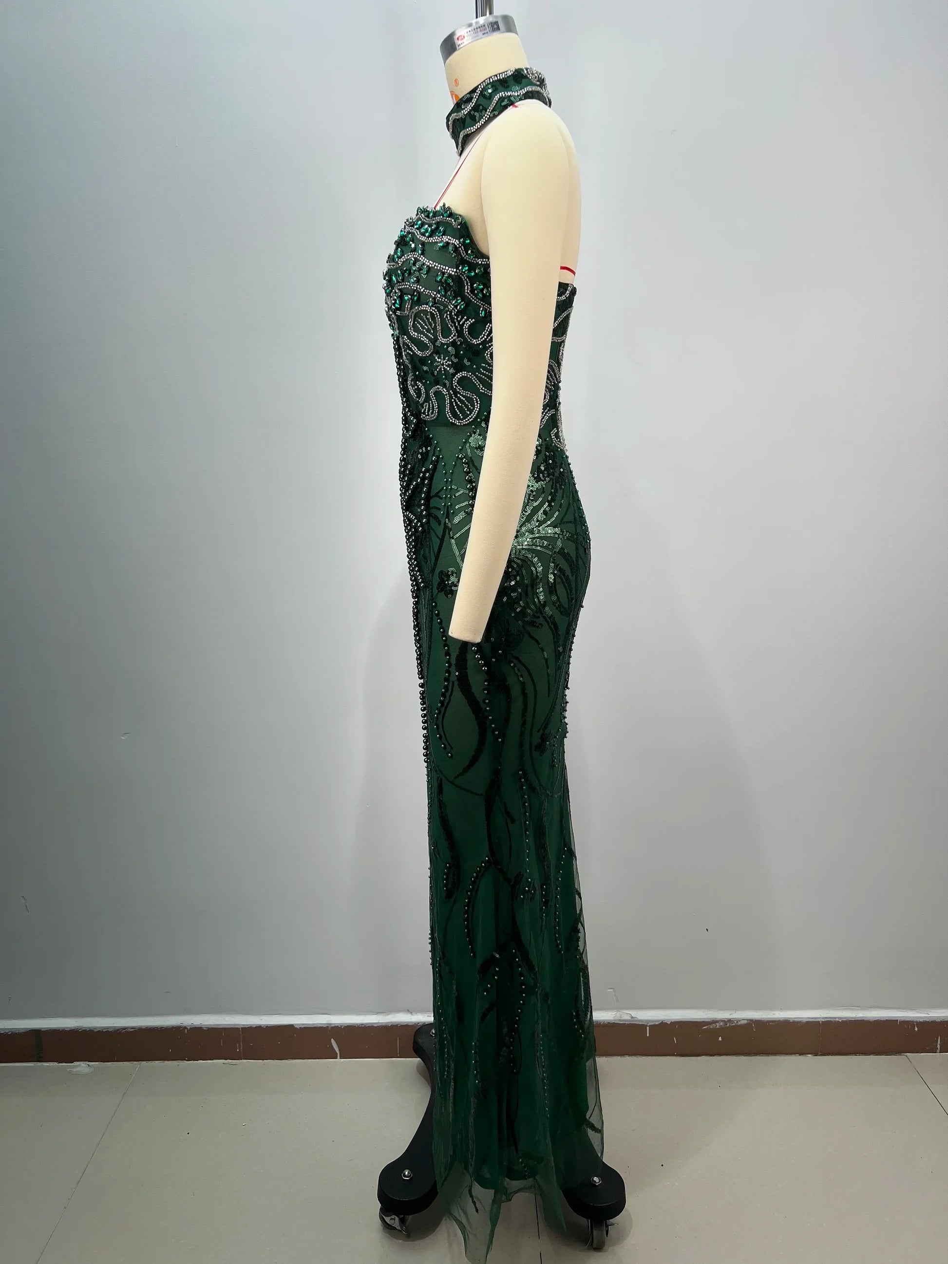 Dark Green Shining Sequin Neck Chain Strapless Ankle Length Dress Woman Cocktail Party Dress Celebrity Birthday Party Vestido